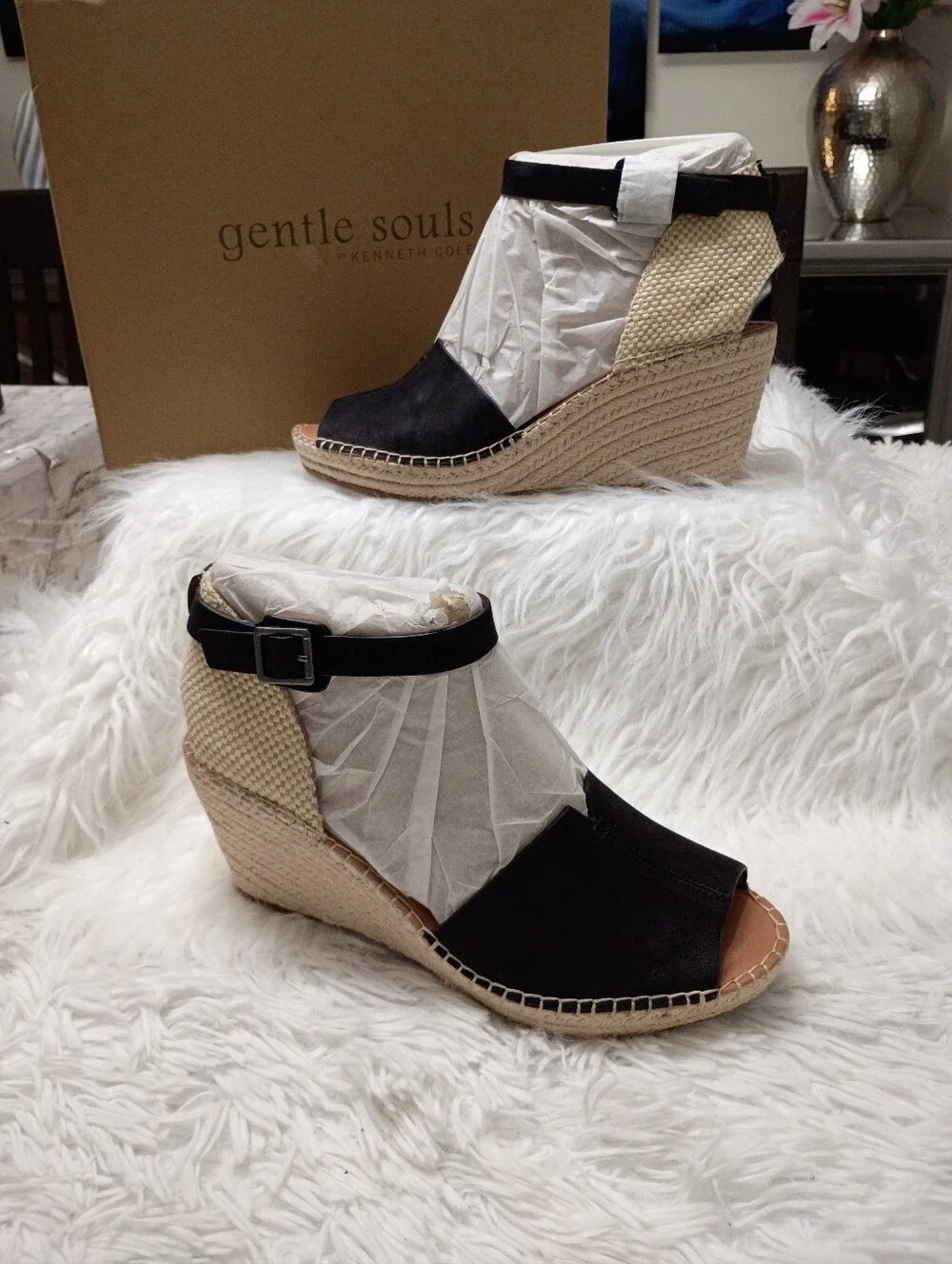 Kenneth Cole Gentle Souls Charli Black Espadrille Wedge Sandals Ankle Buckle 9.5